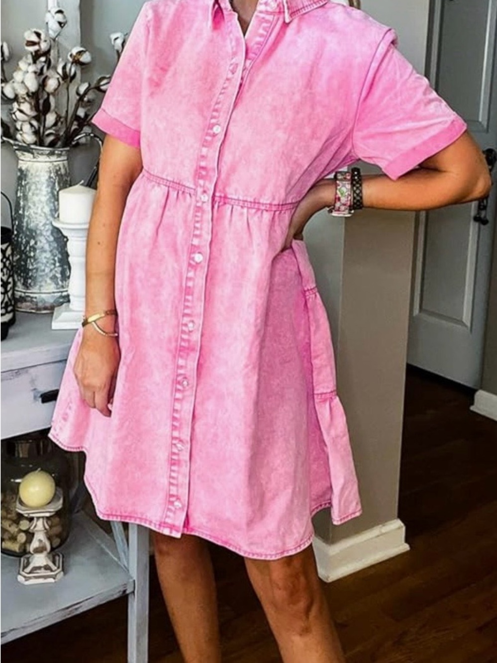 NWOT- Women’s Casual Short Sleeve Pink Tiered Denim Babydoll Dress- Medium - Picture 5 of 11